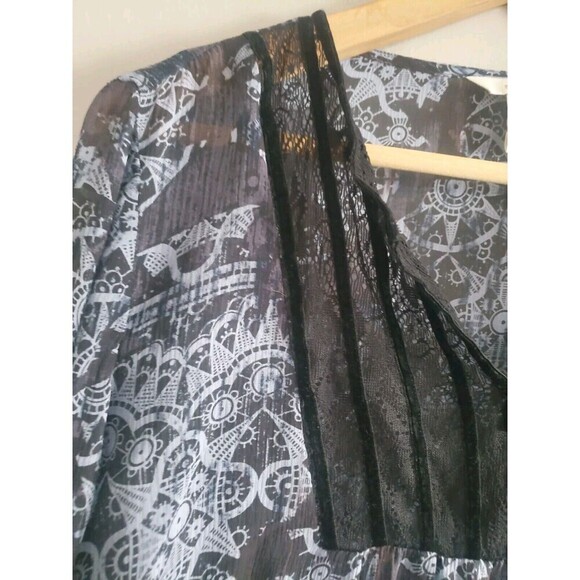 Sundace Silk Blouse  Blue Black Velvet Trim Bell Sleeve Semi-Sheer Women's 14 - Picture 3 of 8